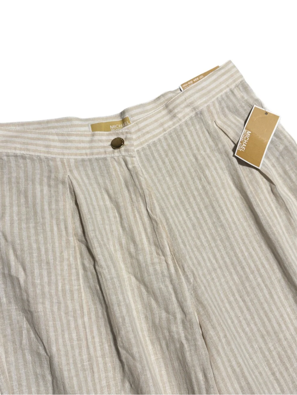 Michael Kors High Rise Wide Leg Linen Blend Pants Size 8 Striped Neutral NWT